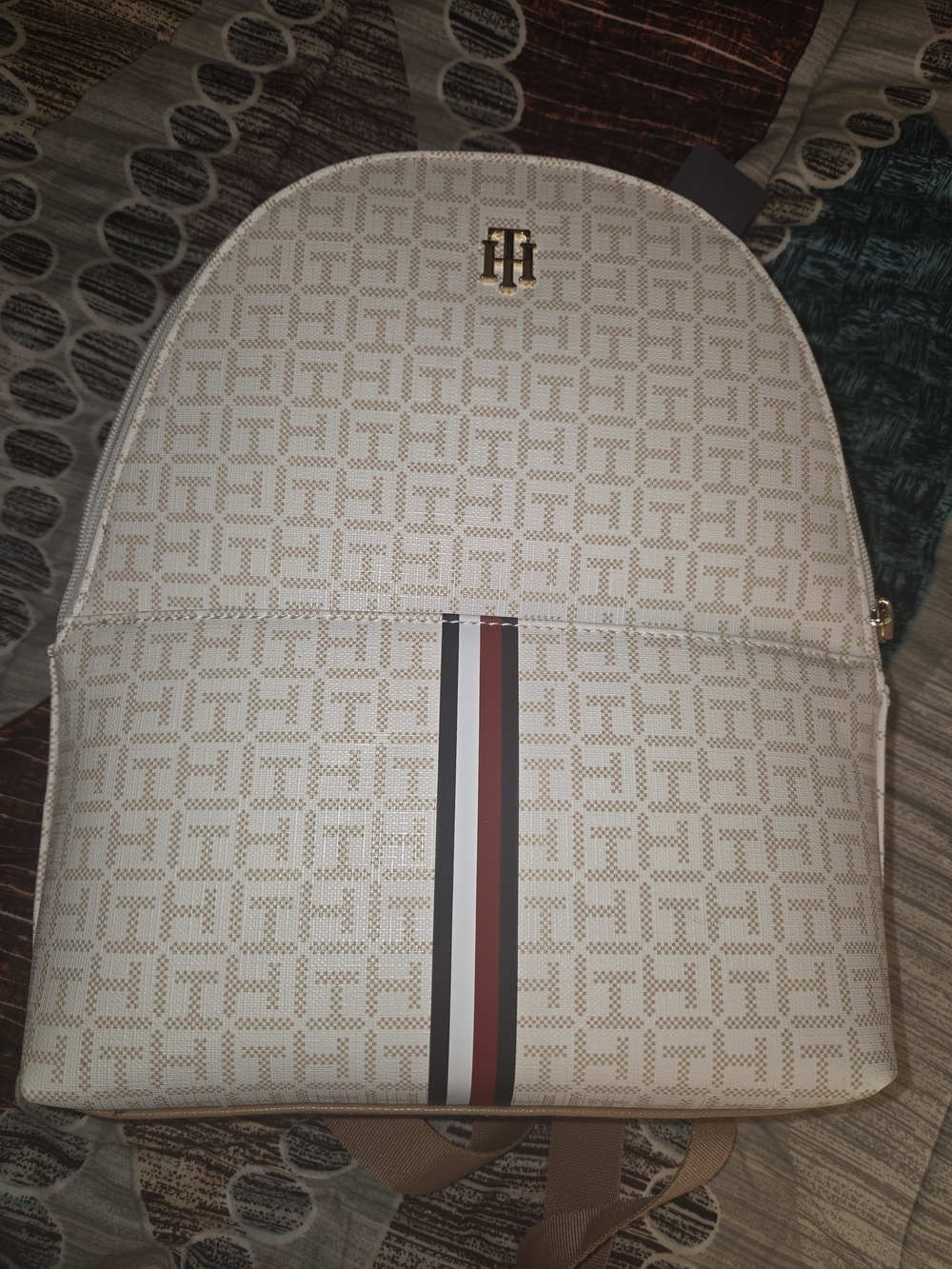 Tommy Hilfiger-Inspired White Monogram Backpack with Stripe